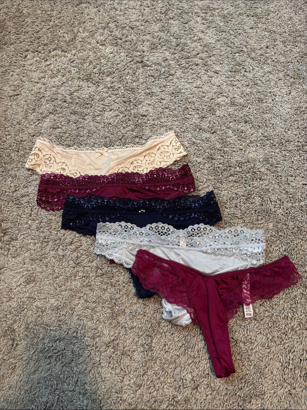 Victoria's Secret Lace Thong Set in Burgundy, Navy & Ivory